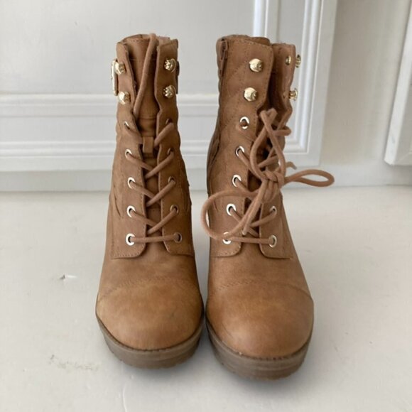 G By Guess Faux Leather Quilted Heeled Ankle Boots Tan Sz 7 - Picture 5 of 10